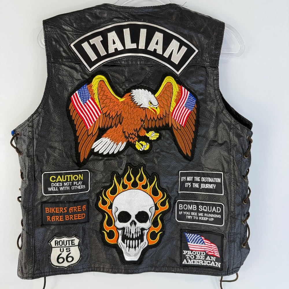 Diamond Plate Leather Vest Men M Black Patches Biker Buffalo Nickel Snaps 13520